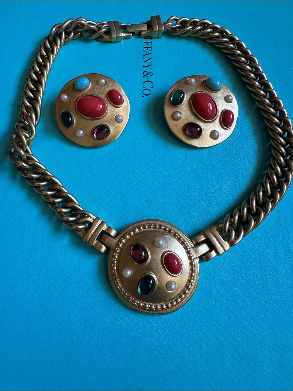 Vintage 80s Gripoix Etruscan Medallion Necklace And Earrings Set